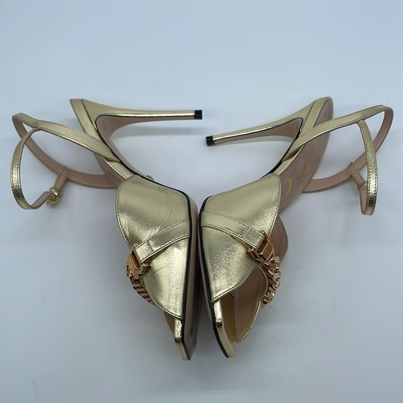 Gucci Gold Metallic Leather Chain link square toe strapy heels 37.5 - Picture 5 of 12